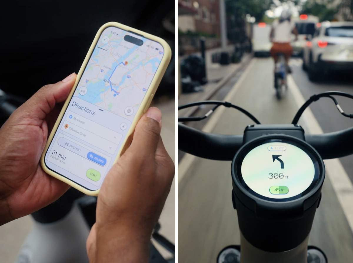 Side-by-side images of the ALSO app displayed on a cellphone in someone's hands and navigation displayed on the TM-B e-bike's Portal screen.