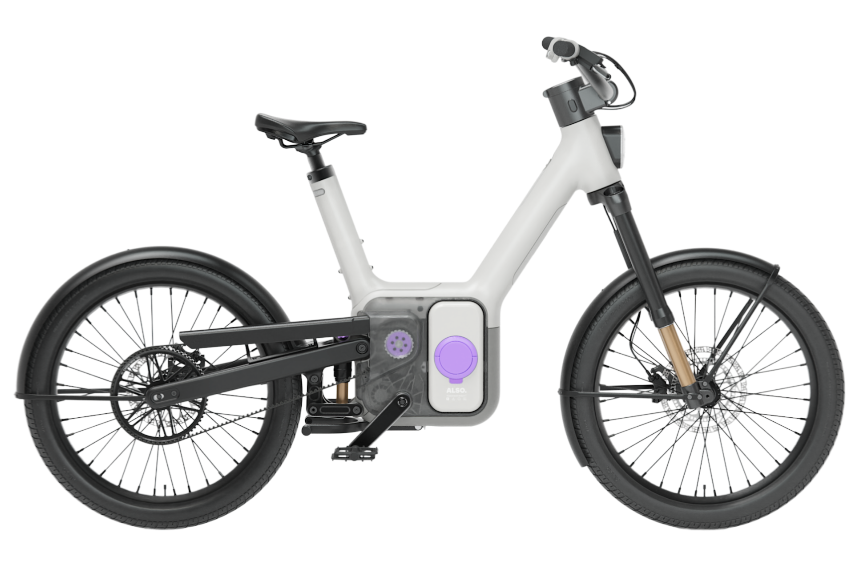 A modern step-through electric bicycle with a white frame, black wheels, and a central purple circular accent on the battery pack, shown against a solid white background.